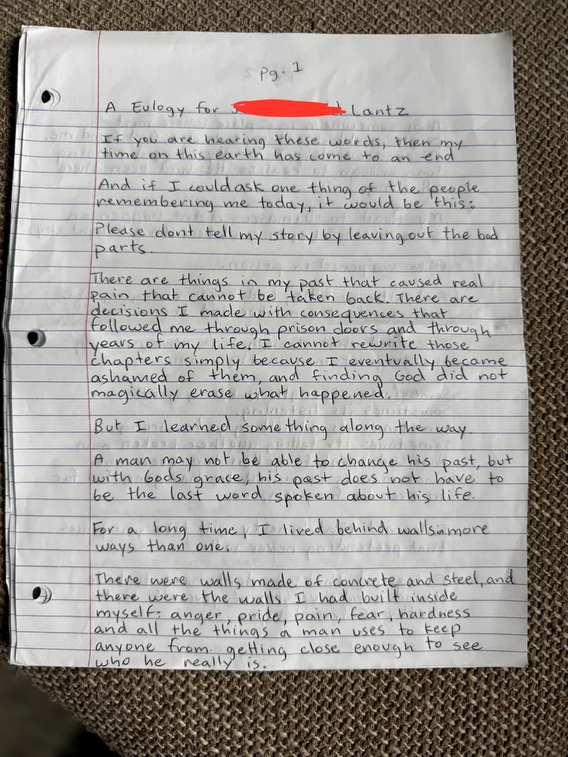 Handwritten eulogy, page 1 of 9