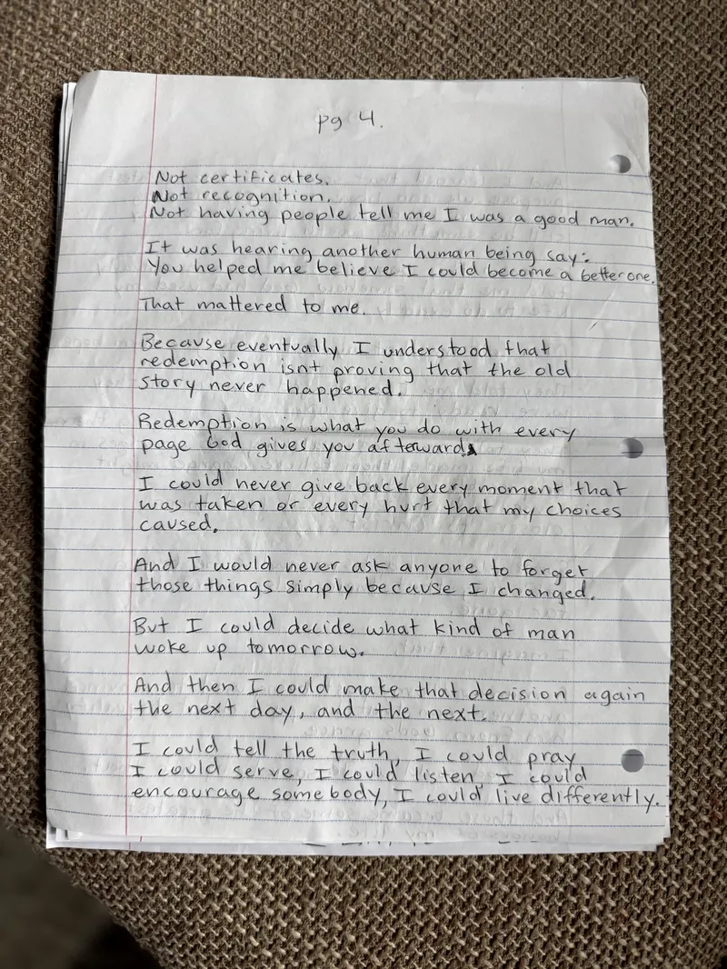 Handwritten eulogy, page 4 of 9