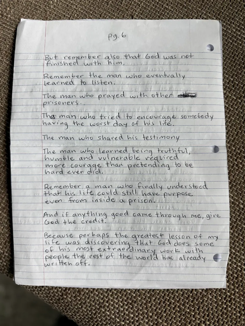 Handwritten eulogy, page 6 of 9