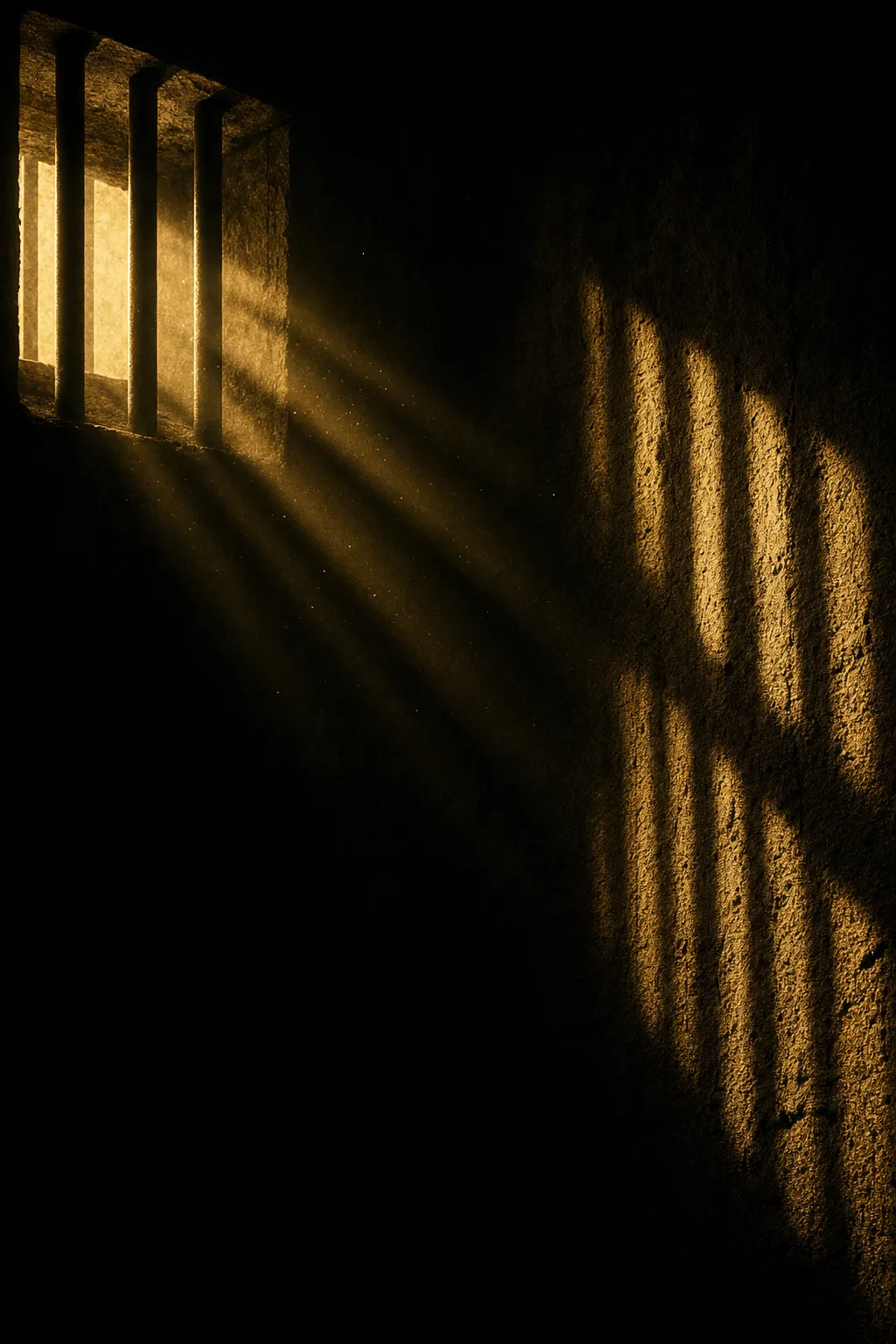Gold light falling through the bars of a cell window onto a concrete wall